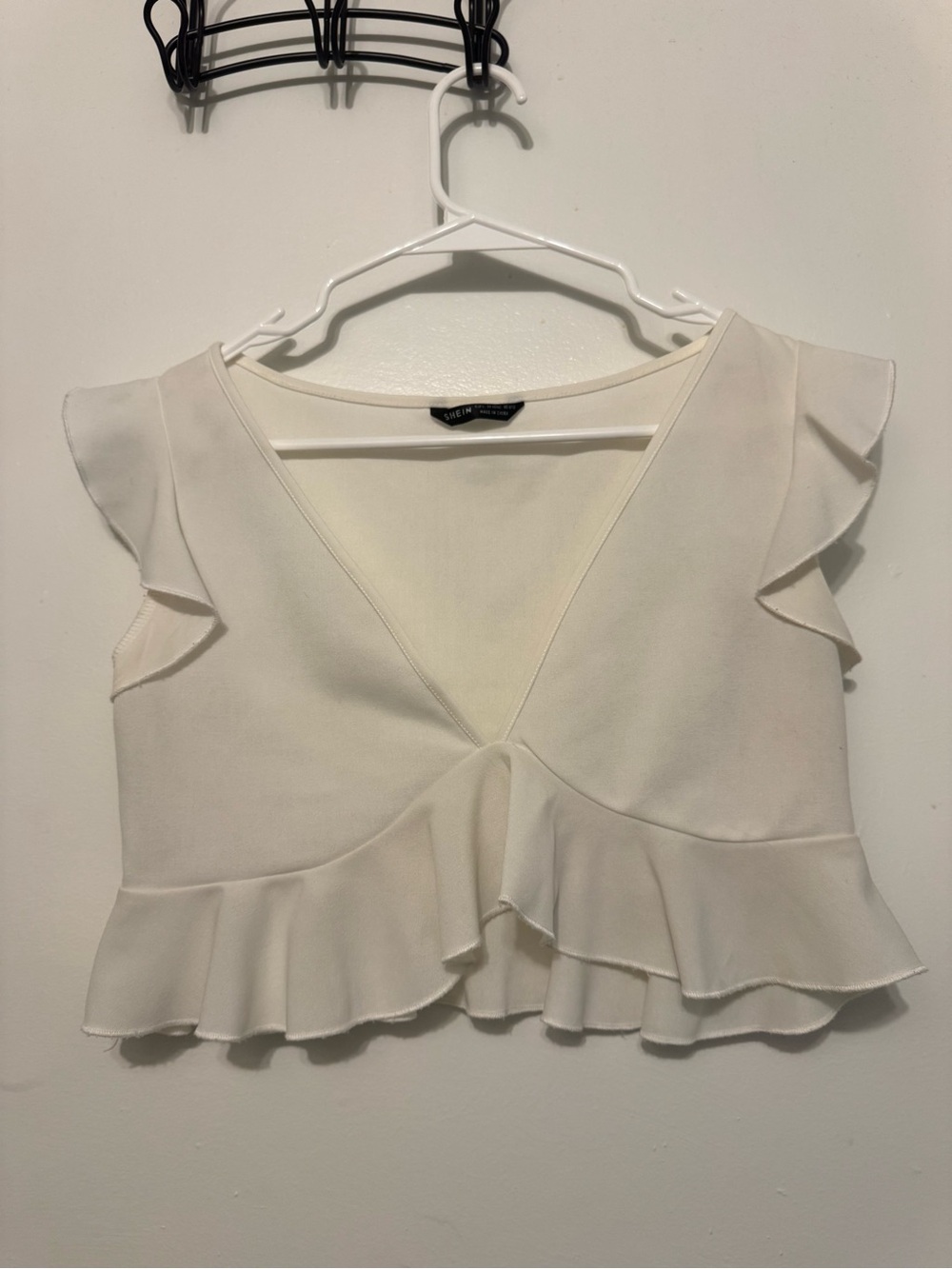 SHEIN White Ruffle V-Neck Crop Top